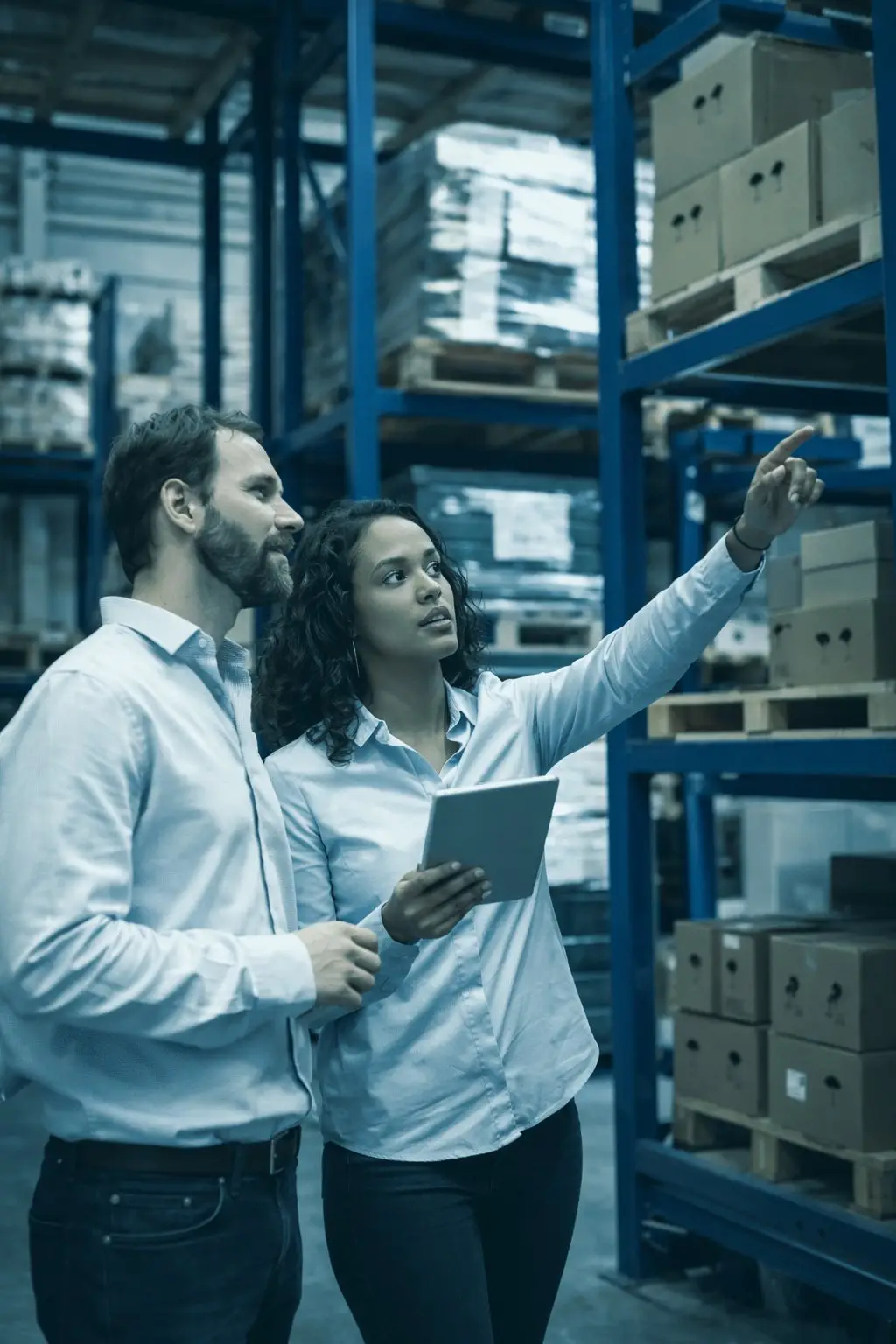 Two CMT team members reviewing inventory in a warehouse
