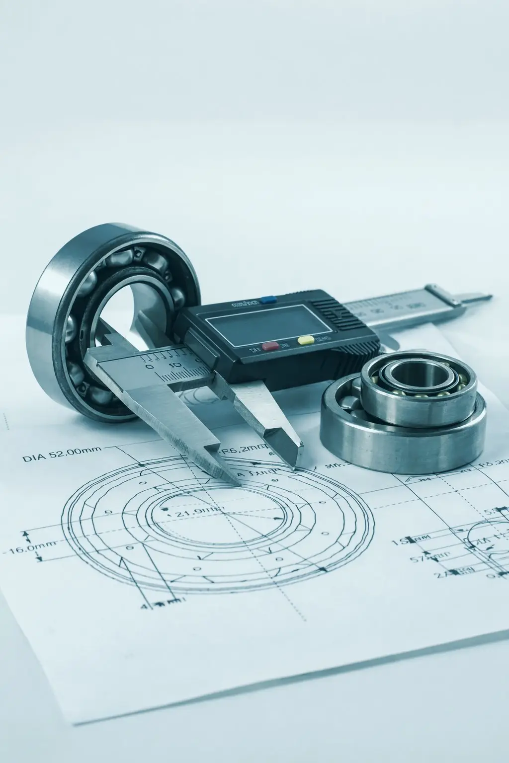 Bearings and a digital caliper on a technical drawing